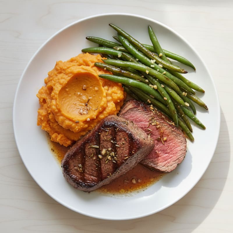 Herb-Seared Lean Beef with Garlic Green Beans and Mashed Sweet Potatoes