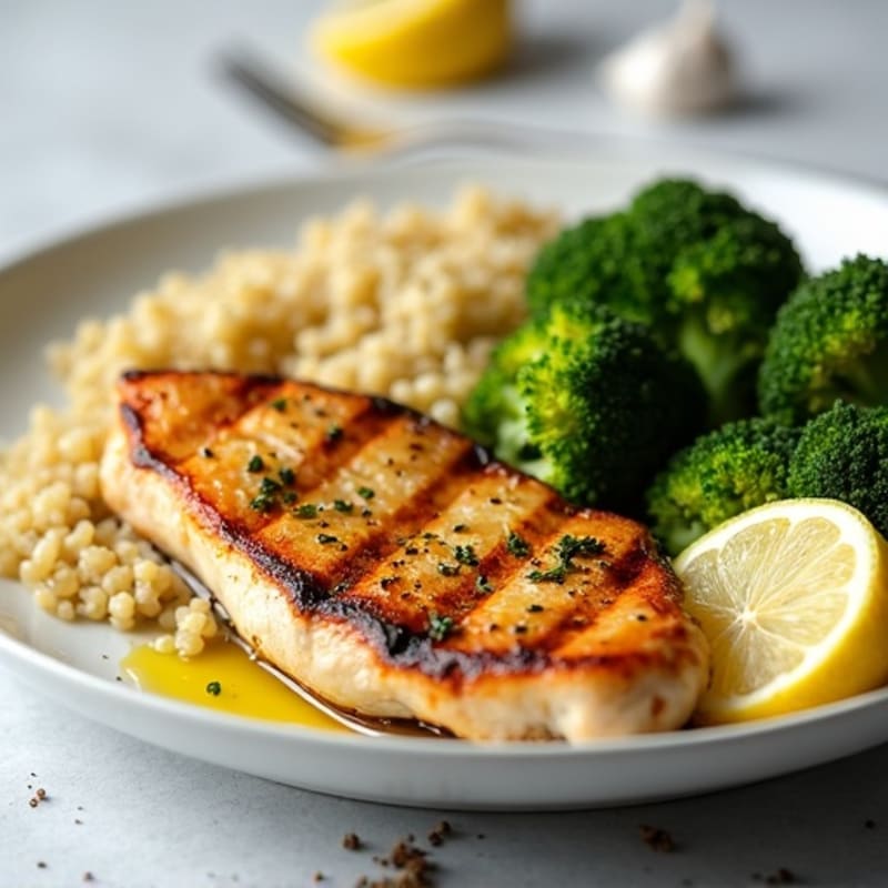 Grilled Lemon-Garlic Chicken Breast with Quinoa and Roasted Broccoli