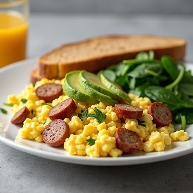 Cottage Cheese Scramble with Spinach and Chicken Sausage
