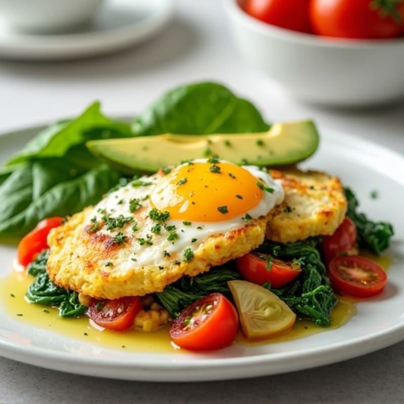Egg White Veggie Scramble with Cottage Cheese and Sautéed Spinach
