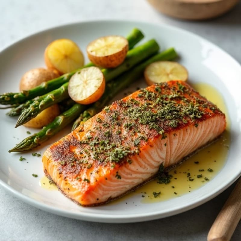 Herb-Crusted Salmon with Crispy Roasted Potatoes and Roasted Asparagus