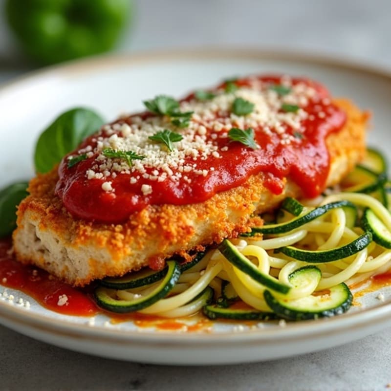 Crispy Baked Chicken Parmesan with Zucchini Noodles and Marinara