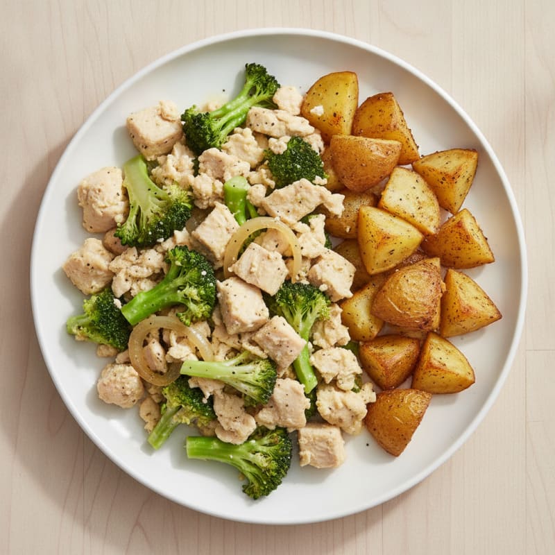 Egg White Scramble with Chicken, Broccoli, and Roasted Potatoes