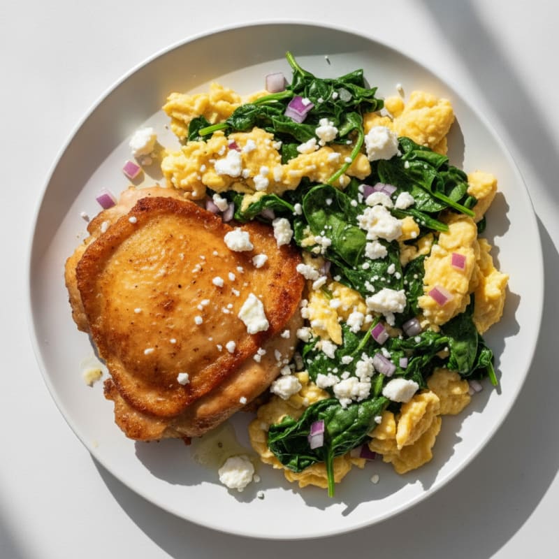 Crispy Chicken Thigh and Spinach Egg Scramble