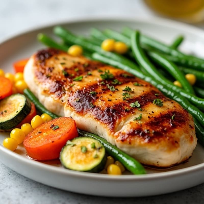 Seared Chicken Breast with Roasted Green Beans, Zucchini, Carrot, and Corn Medley