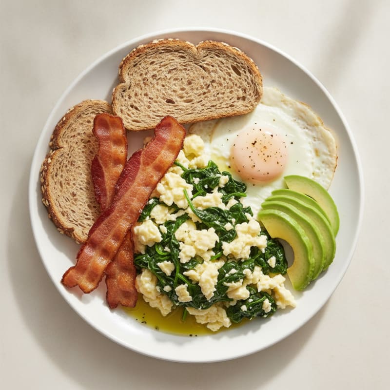 Crispy Turkey Bacon Egg White Scramble with Spinach