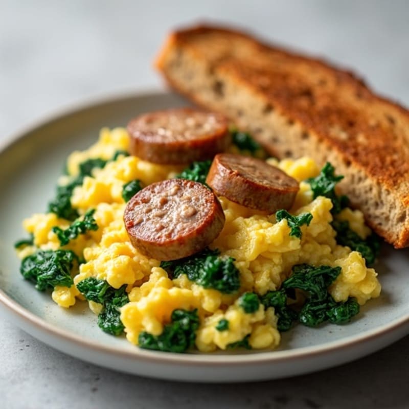 Egg White and Turkey Sausage Scramble with Sautéed Spinach