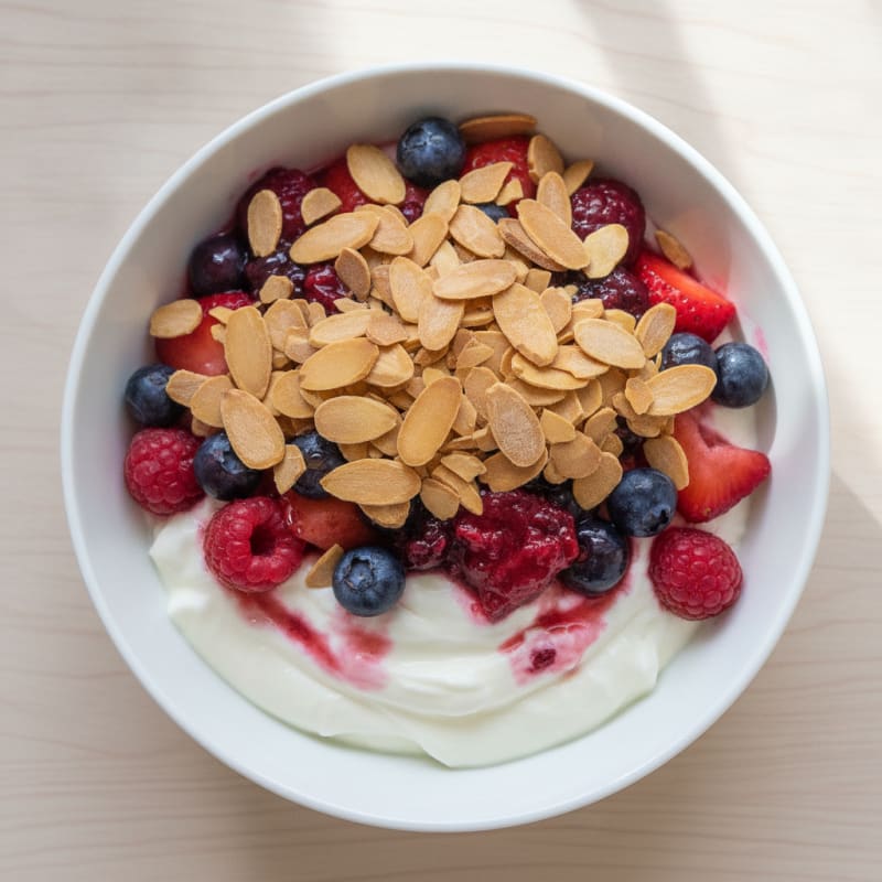 Greek Yogurt Protein Parfait with Mixed Berries and Almonds