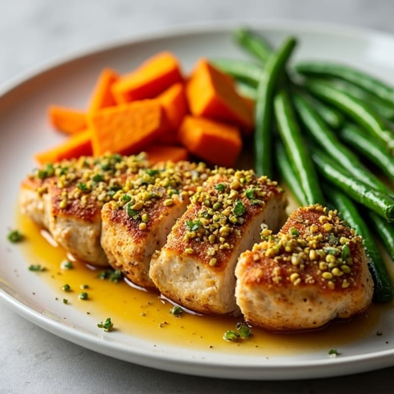 Pistachio-Crusted Chicken with Roasted Sweet Potatoes and Crispy Green Beans