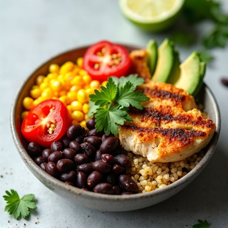 Vibrant Black Bean Burrito Bowl with Fresh Avocado and Crispy Corn