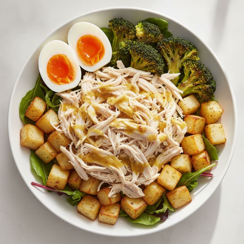 Shredded Chicken Salad with Roasted Broccoli