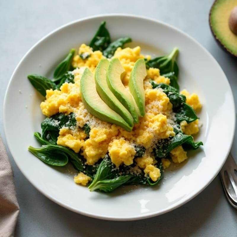 Fluffy Egg and Spinach Scramble with Avocado