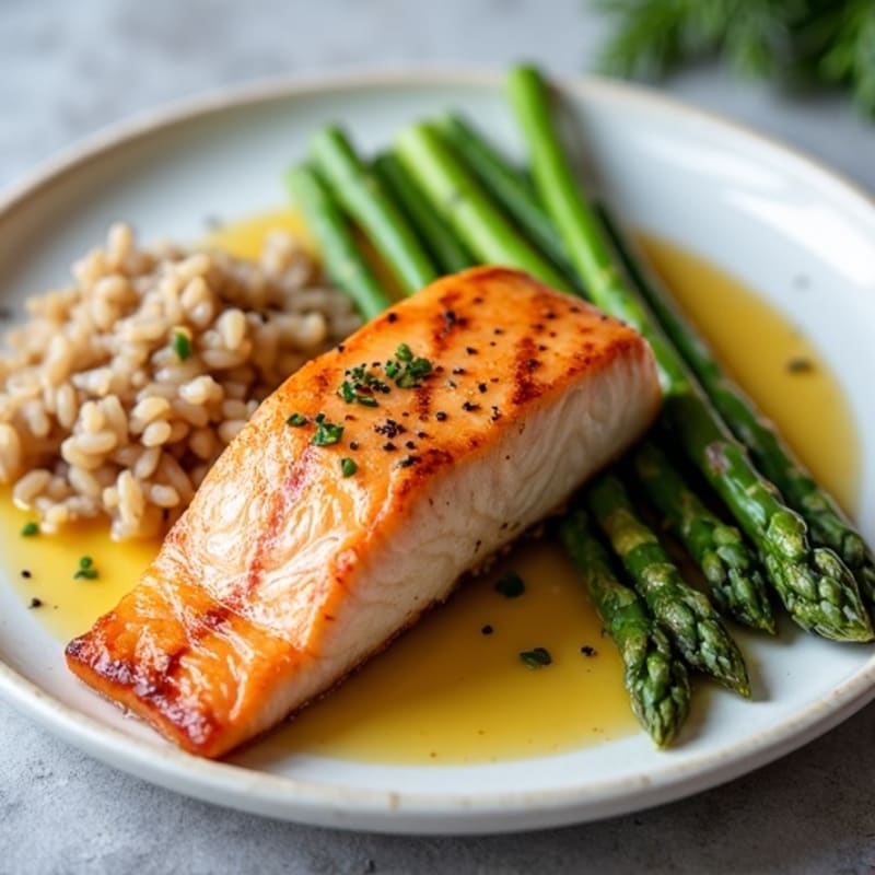 Seared Salmon Fillet with Steamed Asparagus and Brown Rice