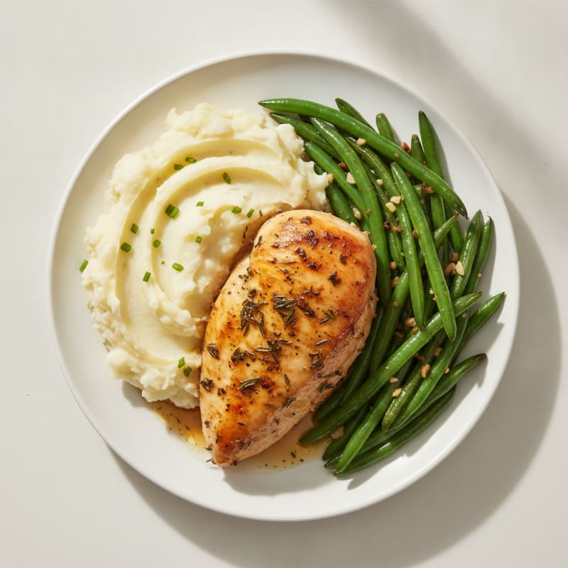 Herb-Roasted Chicken Breast with Garlic Green Beans and Mashed Potatoes