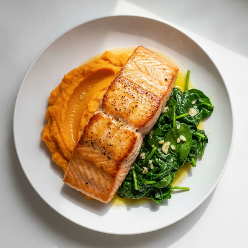 Seared Salmon with Garlic Spinach and Sweet Potato Mash
