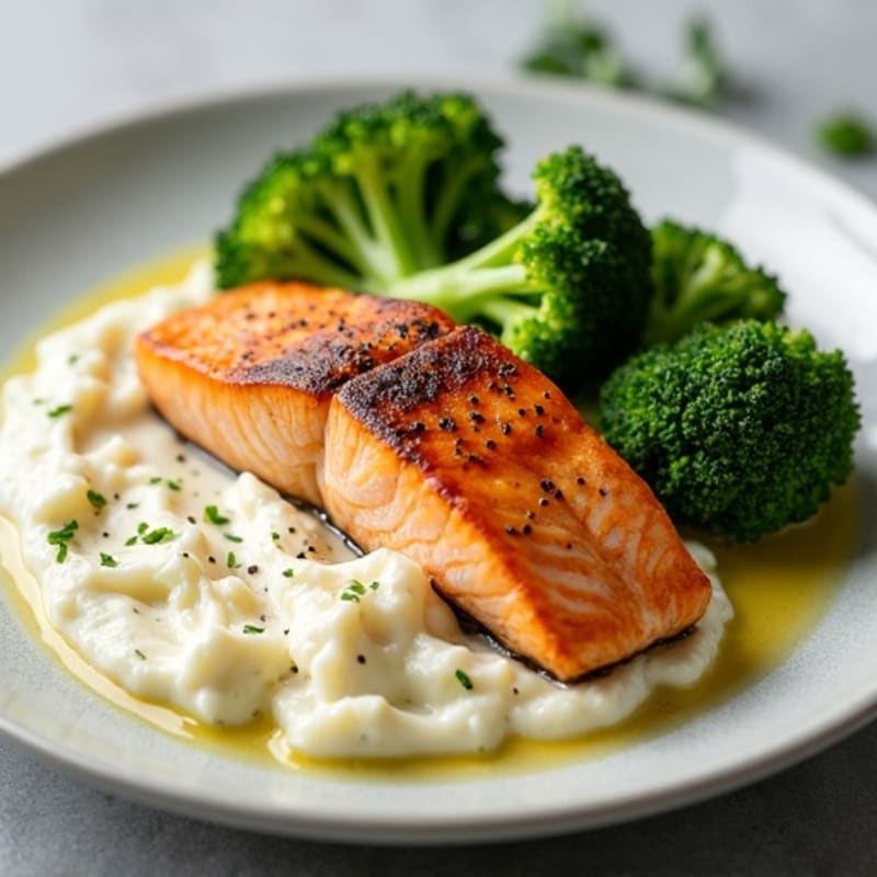 Seared Salmon Fillet with Roasted Broccoli and Garlic Mashed Cauliflower