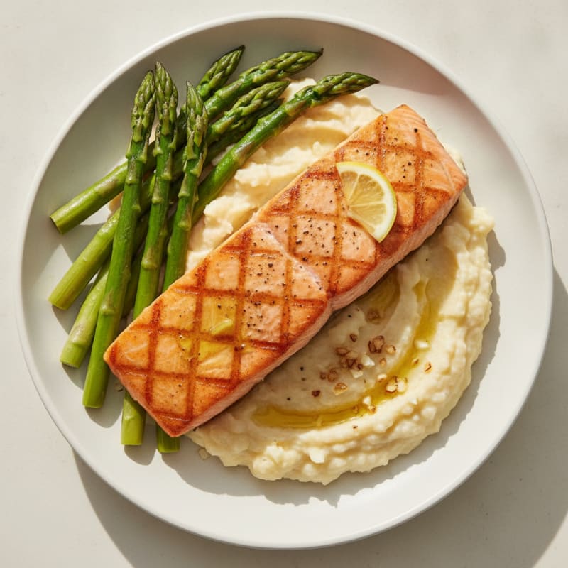 Seared Salmon with Steamed Asparagus and Cauliflower Mash