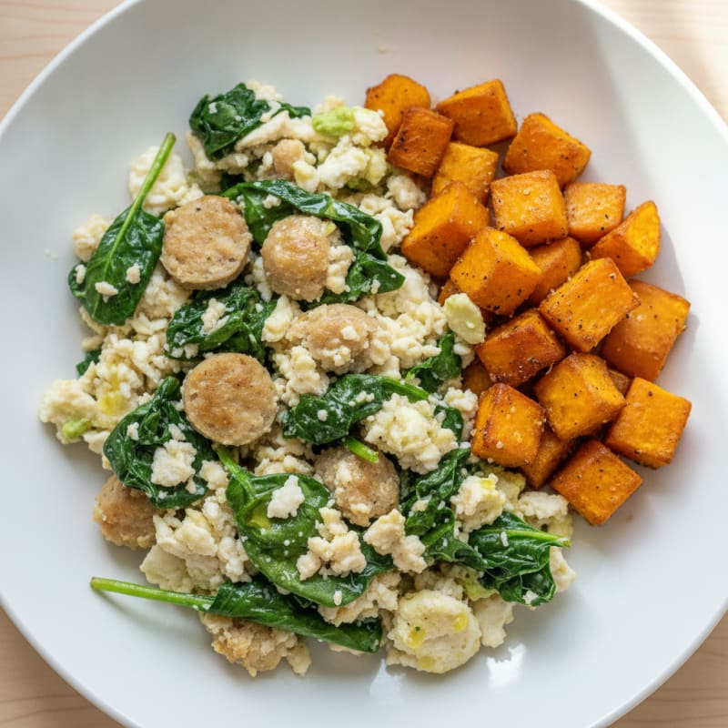 Egg White and Turkey Sausage Scramble with Spinach and Roasted Sweet Potato