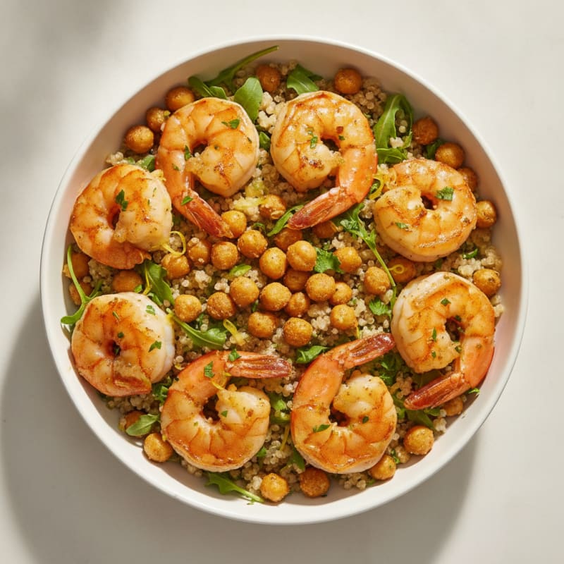 Crispy Chickpea and Herb Quinoa Bowl with Lemon Seared Shrimp