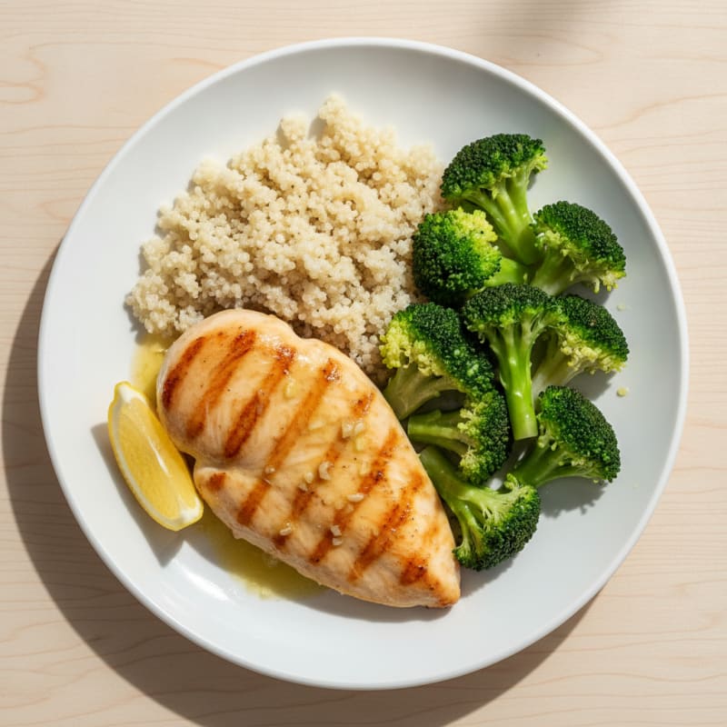 Grilled Lemon-Garlic Chicken Breast with Quinoa and Steamed Broccoli