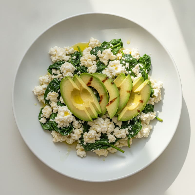 Egg White Spinach Scramble with Cottage Cheese and Sliced Avocado