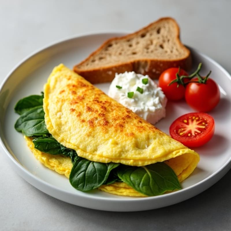 Egg White Spinach Omelet with Cottage Cheese, Fresh Tomatoes and Whole Wheat Toast