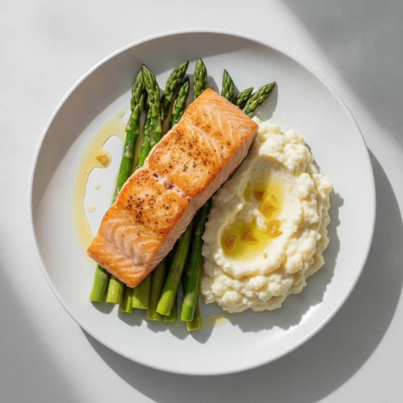 Seared Salmon with Steamed Asparagus and Garlic Cauliflower Mash