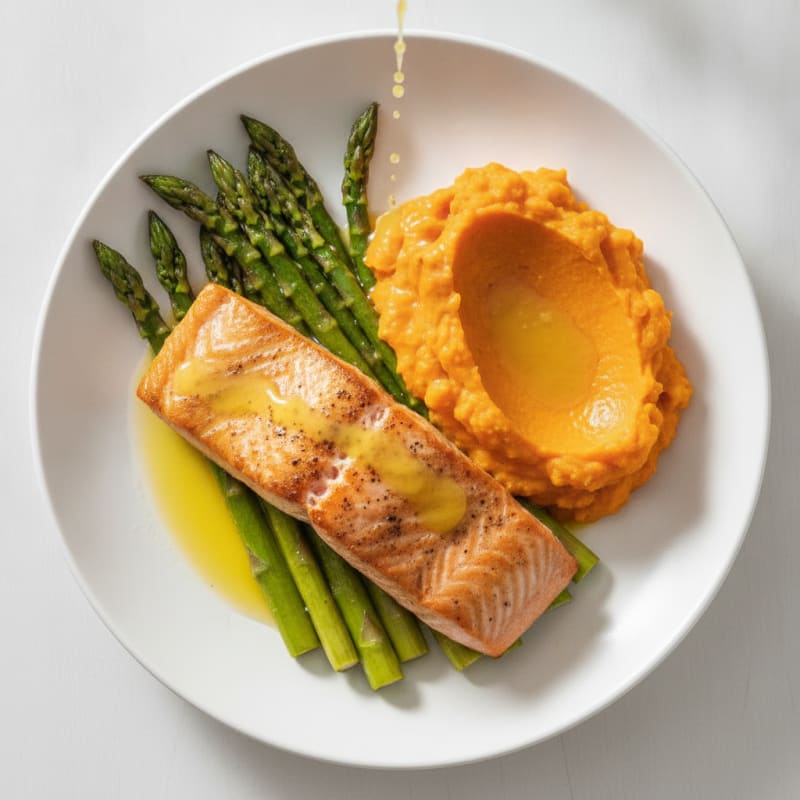 Seared Salmon Fillet with Roasted Asparagus and Sweet Potato Mash