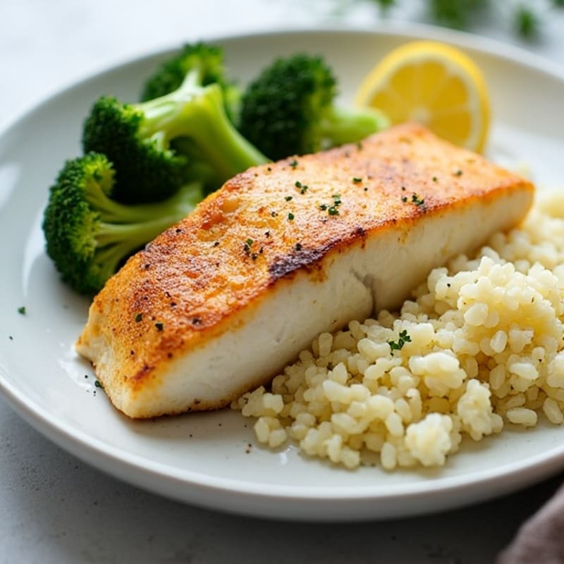 Seared Cod with Steamed Broccoli and Cauliflower Rice