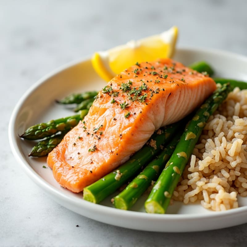 Baked Salmon with Steamed Asparagus and Brown Rice