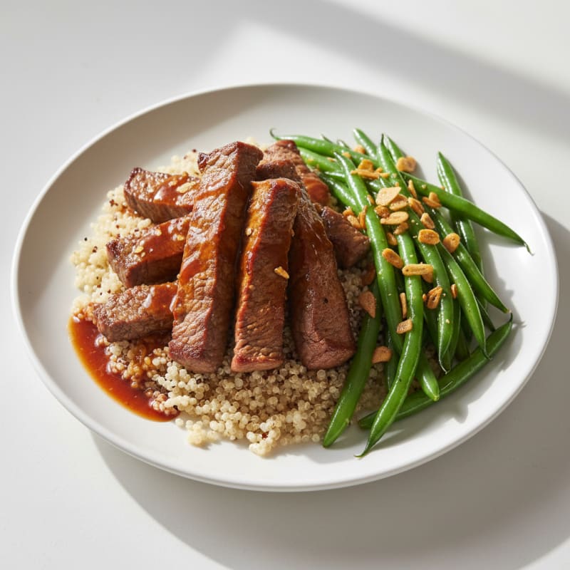 Seared Beef Strips with Garlic Green Beans and Quinoa