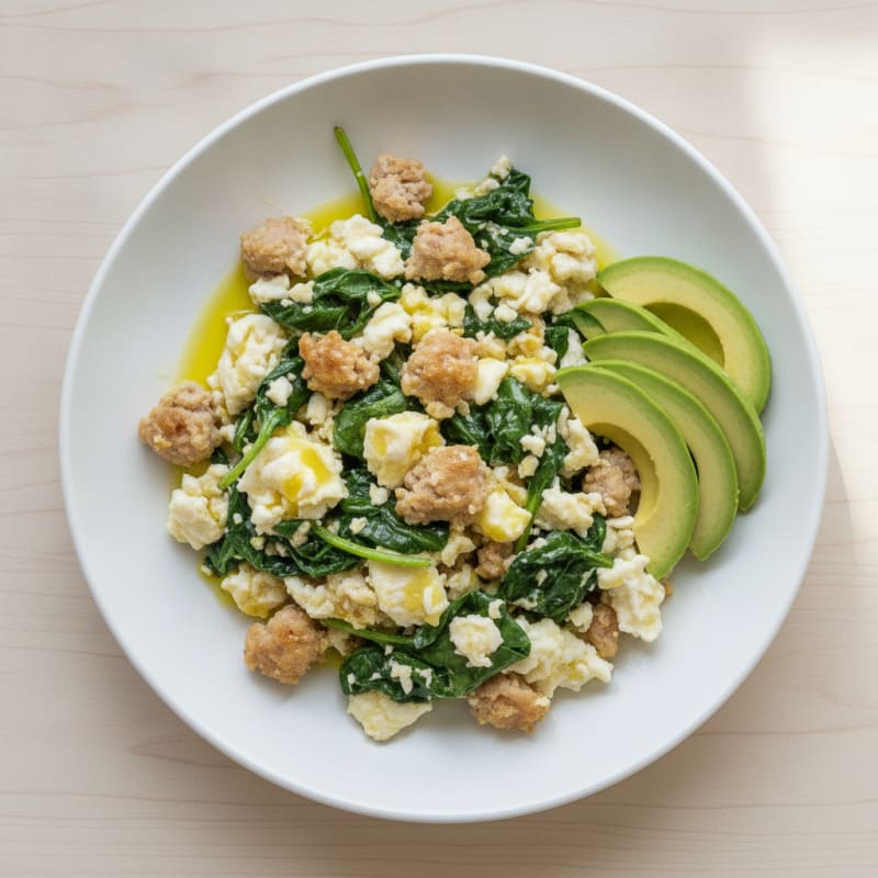 Egg White and Turkey Sausage Scramble with Sautéed Spinach