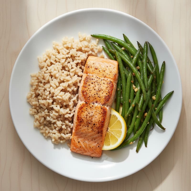 Seared Salmon Fillet with Garlic Green Beans and Brown Rice