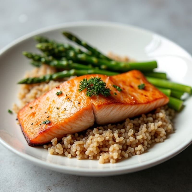 Seared Salmon with Steamed Asparagus and Brown Rice