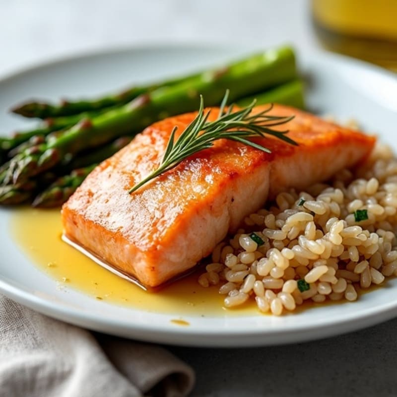Seared Salmon Fillet with Roasted Asparagus and Brown Rice