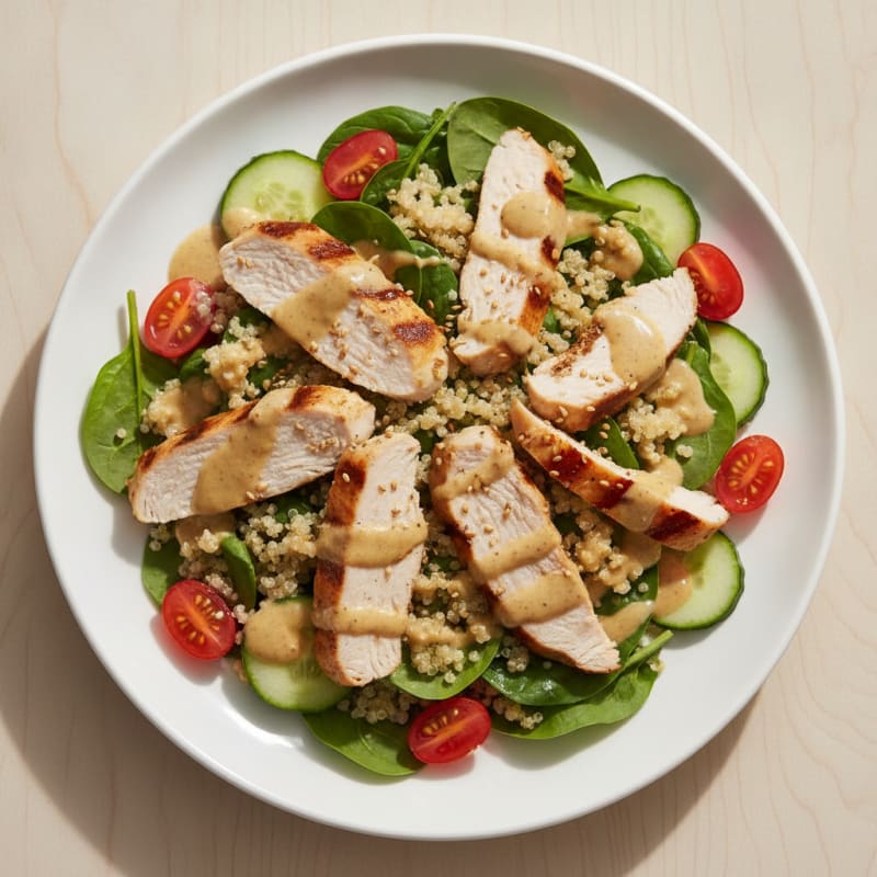 Grilled Turkey Breast Salad with Quinoa and Lemon Tahini Dressing