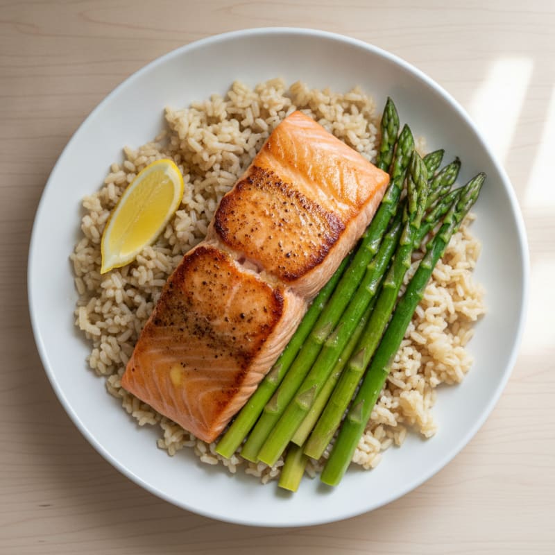 Seared Salmon with Steamed Asparagus and Brown Rice
