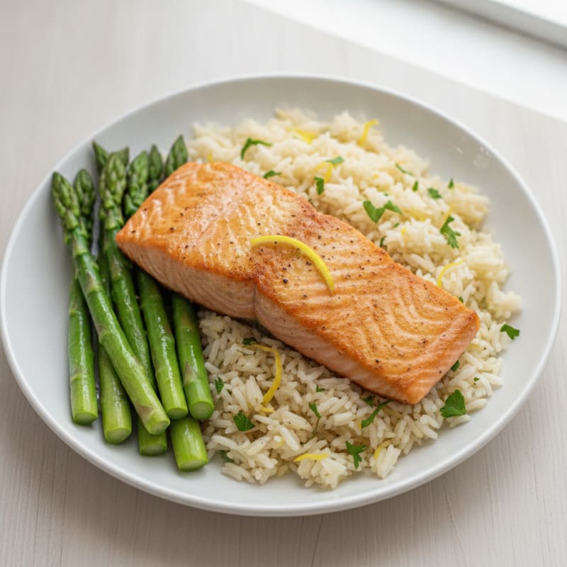 Seared Salmon with Steamed Asparagus and Lemon Herb Rice