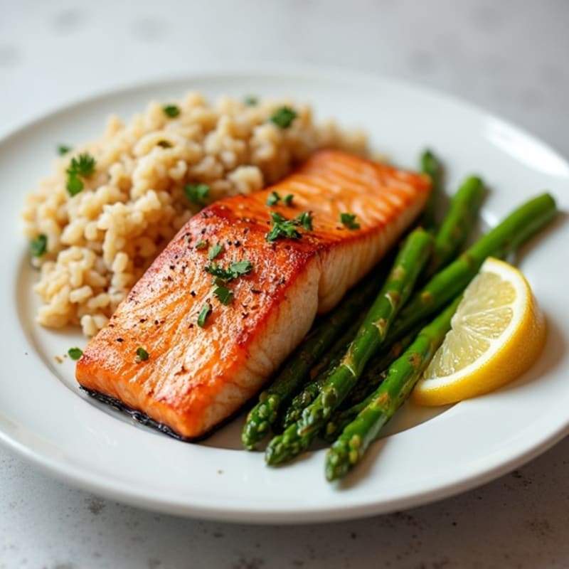 Seared Salmon Fillet with Steamed Asparagus and Brown Rice