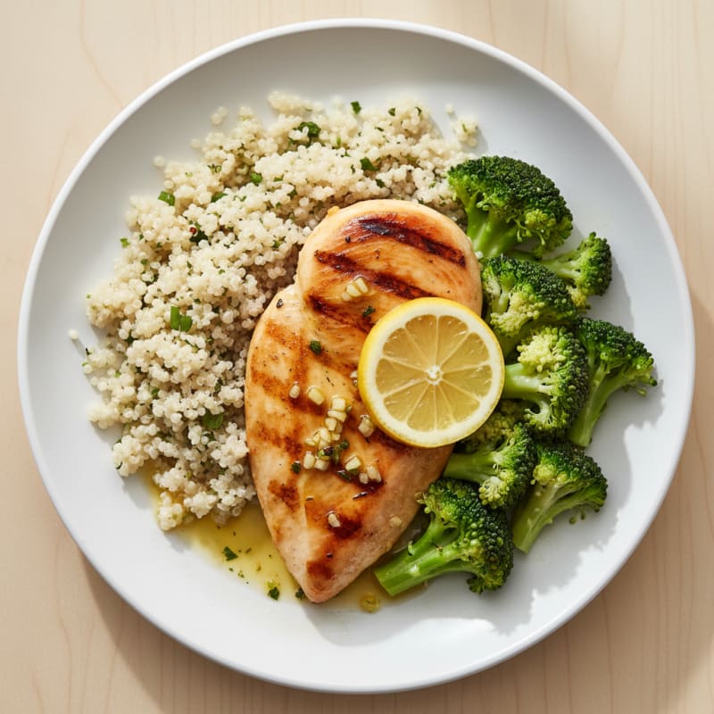 Grilled Lemon-Garlic Chicken Breast with Quinoa and Steamed Broccoli