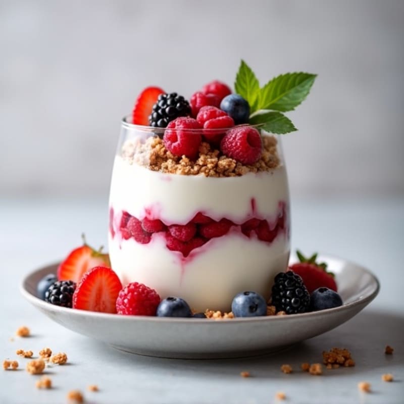 Greek Yogurt and Whey Protein Parfait with Mixed Berries