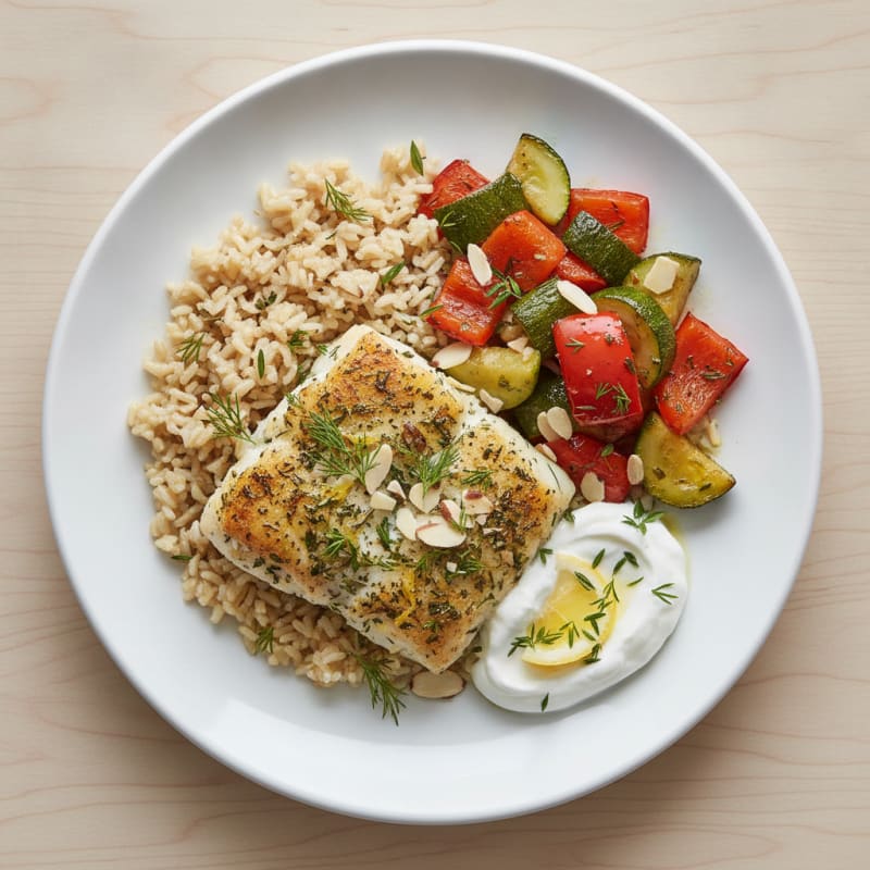 Herb-Baked Cod with Steamed Rice and Roasted Vegetables