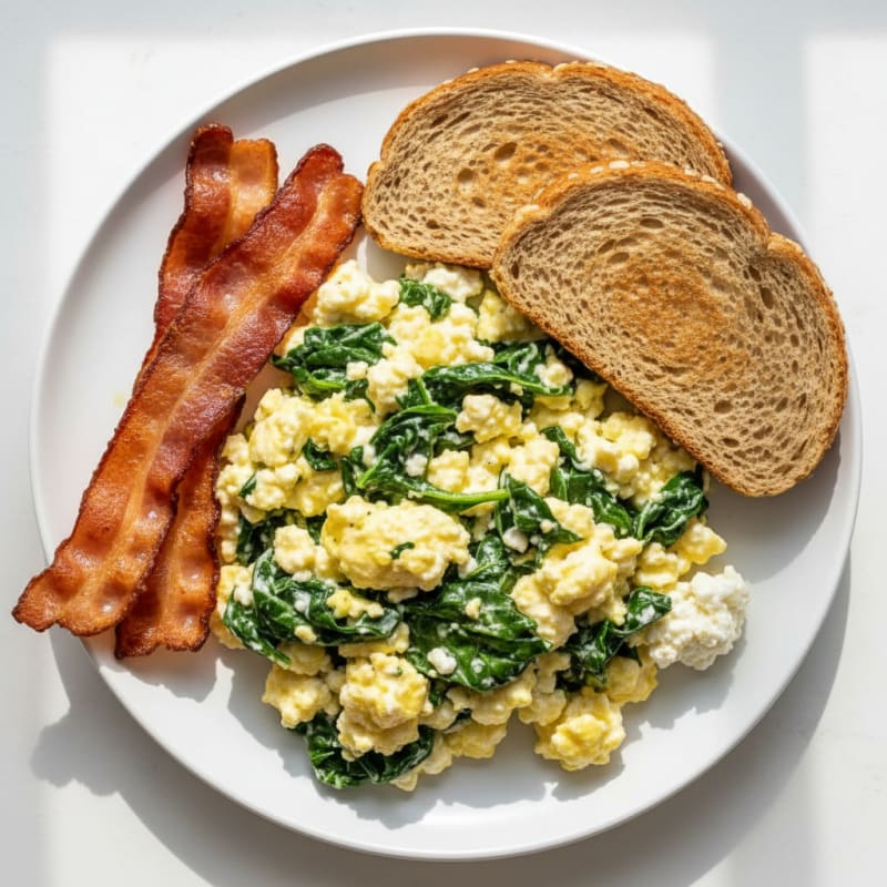 Creamy Cottage Cheese Scramble with Spinach and Turkey Bacon