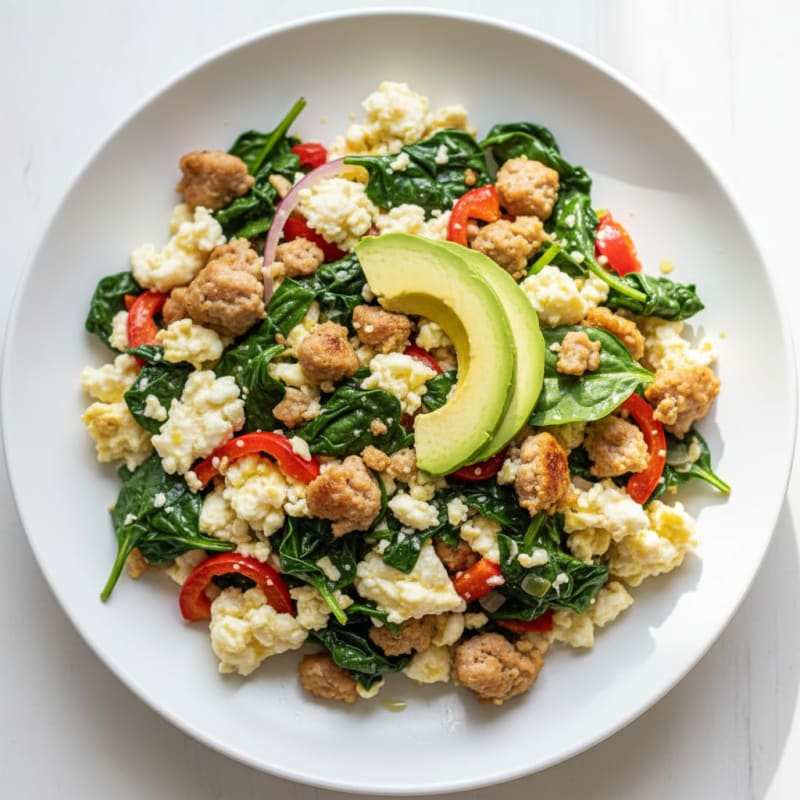 Egg White and Turkey Sausage Scramble with Wilted Spinach