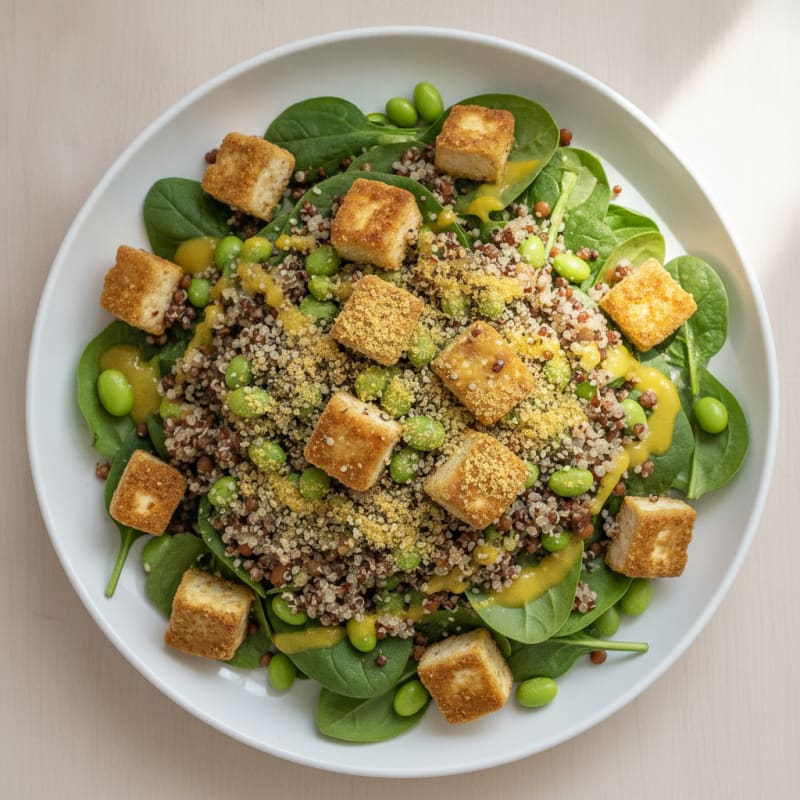 Lentil and Quinoa Power Salad with Crispy Tofu