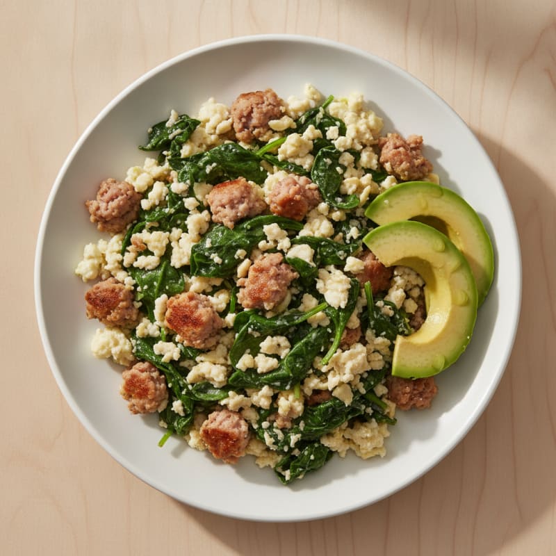 Egg White and Turkey Sausage Scramble with Sautéed Spinach