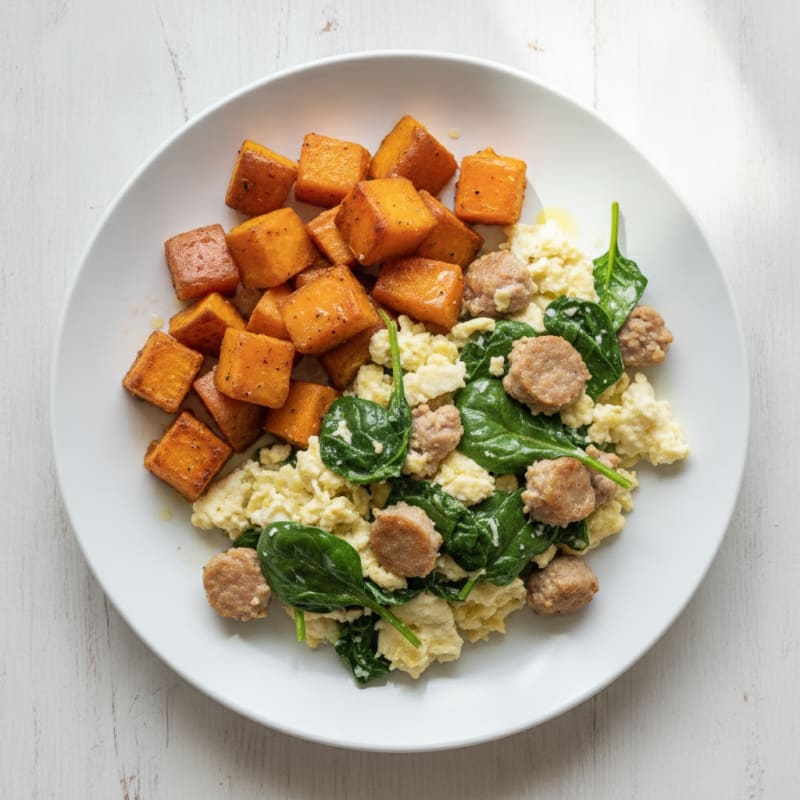 Egg White and Turkey Sausage Scramble with Spinach and Roasted Sweet Potatoes