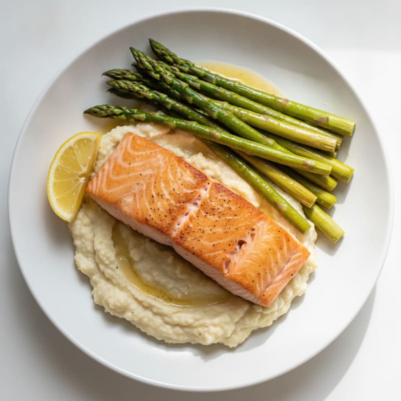 Seared Salmon with Steamed Asparagus and Garlic Cauliflower Mash