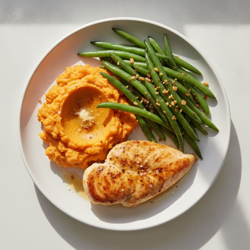 Crispy Pan-Seared Chicken Breast with Garlic Green Beans and Sweet Potato Mash