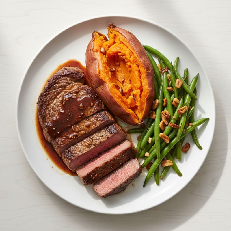 Seared Lean Beef Steak with Garlicky Green Beans and Baked Sweet Potato
